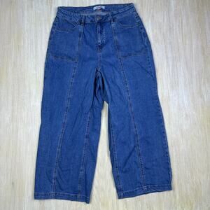 Arula Blue Vintage Wash High Rise Wide Leg Cropped Denim High Waisted Jeans 14